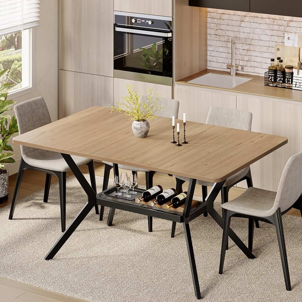 MECHYIN 55" Dining Table for 4-6, Industrial Kitchen Table with Spacious Storage Shelf, Sturdy Metal Frame Rectangle Dining Table for Dining Room, Small Apartments, Home Office