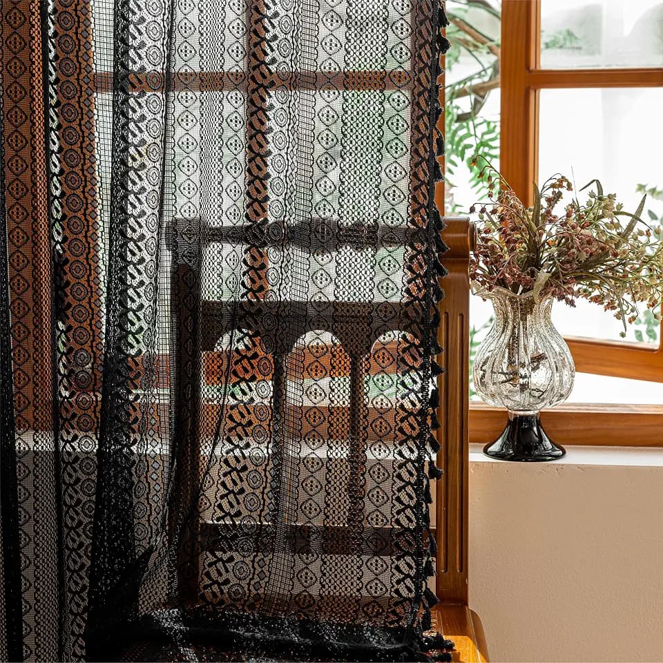Sutuo Home Black Boho Lace Curtains 96 inches long for Living Room Dining Room, Semi Sheer Curtains Farmhouse Privacy Crochet Vintage Chic Tassels Bohemian Style Rod Pocket Retro Decor, 2 Panels 50" W