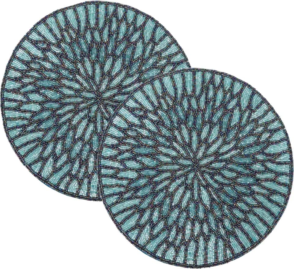 CLEENTABLE Beaded Placemats, Blue Black, 13 in Round, Set of 2