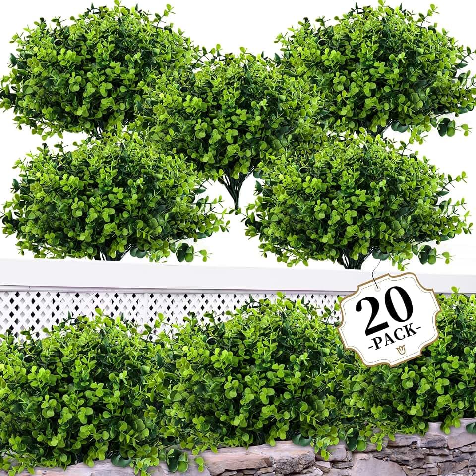 ColoPlay 20 Bundles Artificial Greenery Boxwood Plants, Fake Outdoor Plants