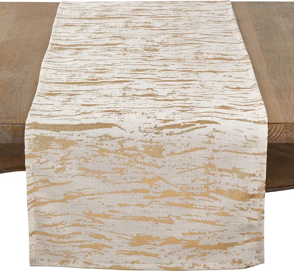 SARO LIFESTYLE - 1612.GL16108B SARO LIFESTYLE Loretta Collection Distressed Foil Metallic Design Cotton Table Runner, 16" x 108", Gold