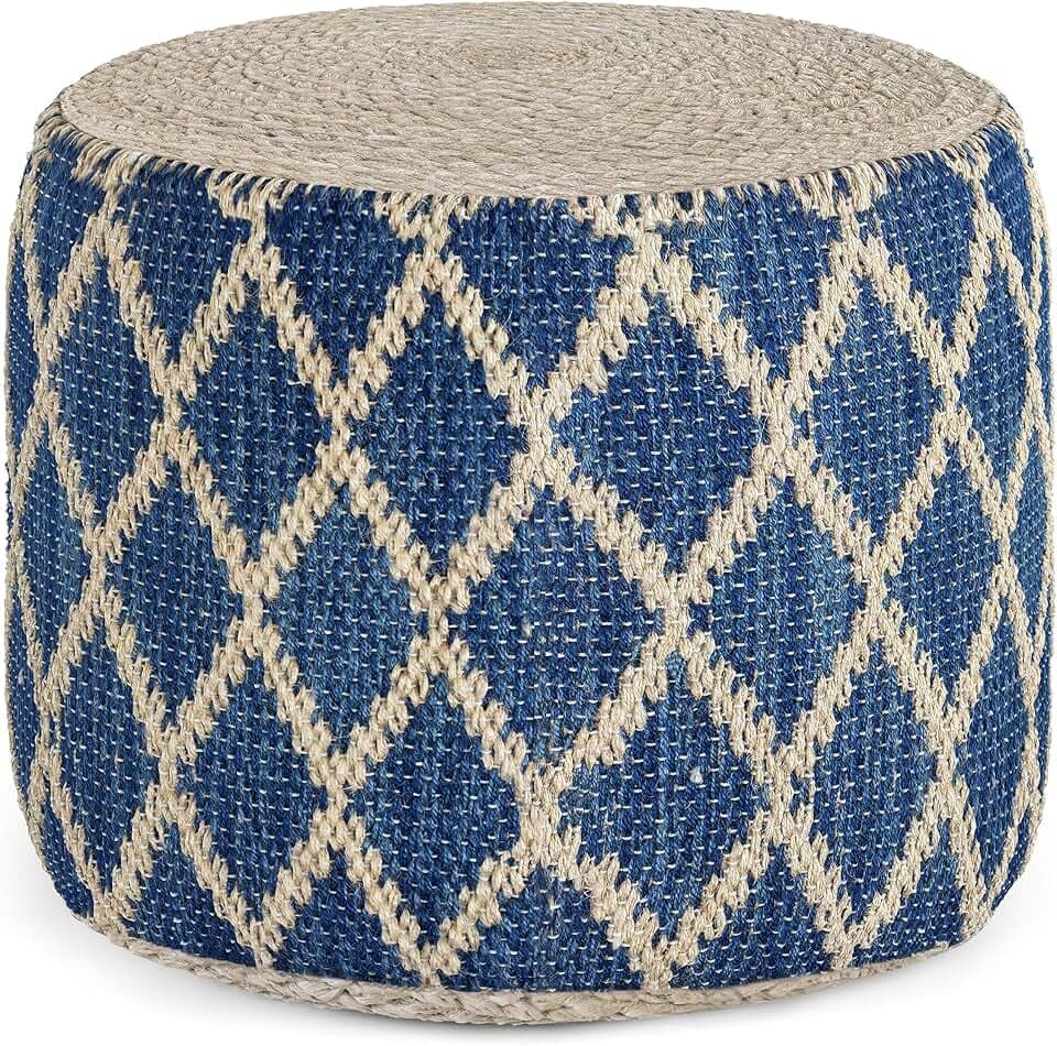 SIMPLIHOME Edgeley 18" Wide Round Pouf in Blue/Natural Jute and Cotton