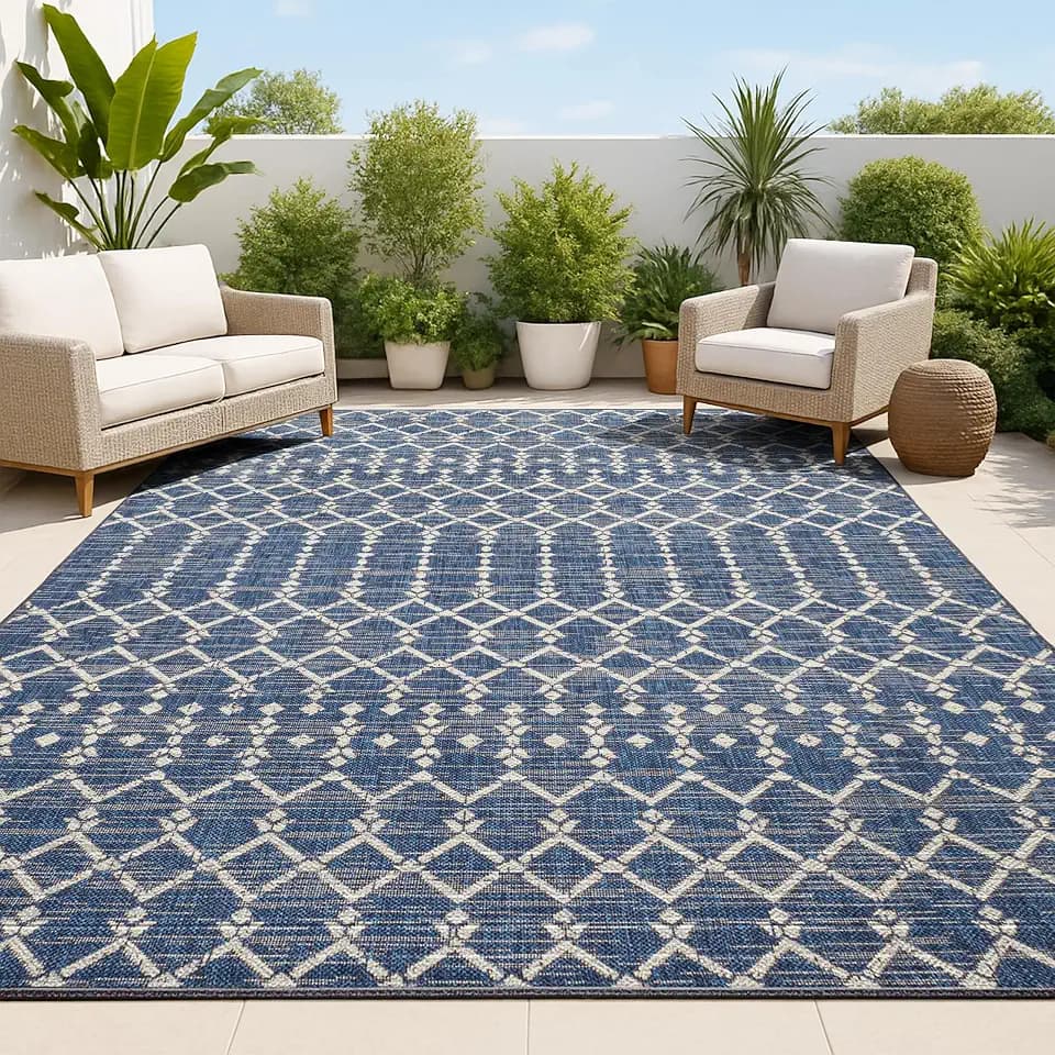 JONATHAN Y Moroccan Geometric Indoor Outdoor Area Rug 10X14 Navy/Beige, Ourika Textured Weave for Backyard, Patio, Porch, Easy-Cleaning, High Traffic, Pet-Friendly, Non-Shedding (SMB108K-14)